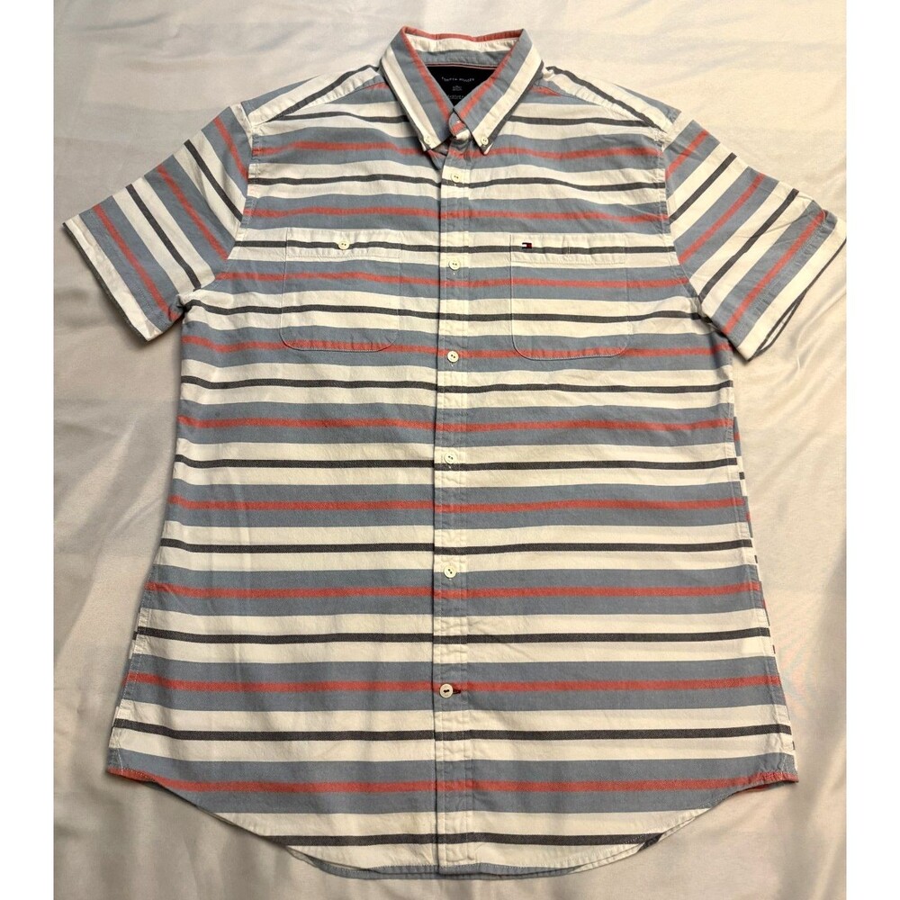 Tommy Hilfiger Mens XL Custom Fit Striped Button Down Short Sleeve Shirt